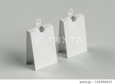 Dual Folded Tent Tag With Hanging Tab Mockup. High Resolution 3D Render. 142946825