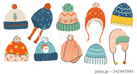 Cute collection of colorful knitted winter hats with pom-poms, snowflakes, trees and festive patterns Cute collection of colorful knitted winter hats with pom-poms, snowflakes, trees and festive patterns 142947045