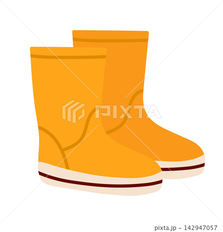 Flat vector illustration of a pair of bright yellow-orange Wellington rain boots with white outsoles and dark red stripe, shown in side profile, minimalist cartoon style on white background. Flat vec Flat vector illustration of a pair of bright yellow-orange Wellington rain boots with white outsoles and dark red stripe, shown in side profile, minimalist cartoon style on white background. Flat vec 142947057