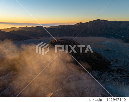 Aerial Mount Bromo Volcanic Crater Landscape at Golden Sunset 142947140