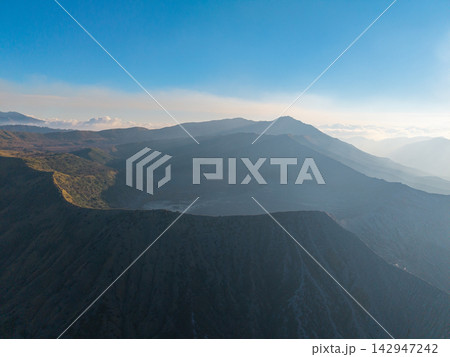 Aerial Mountain Panorama Across Mount Bromo Hill Aerial Mountain Panorama Across Mount Bromo Hill 142947242