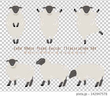 A set of illustrations of black-faced sheep in various poses (Suffolk sheep, dancing, jumping, quadrupedal, Year of the Sheep, 2027, pasture). A set of illustrations of black-faced sheep in various poses (Suffolk sheep, dancing, jumping, quadrupedal, Year of the Sheep, 2027, pasture). 142947578