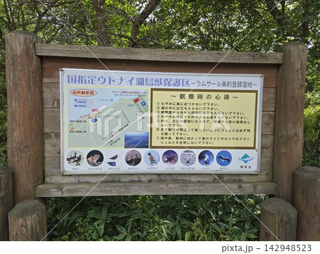 ウトナイ湖の自然を紹介する案内看板 142948523