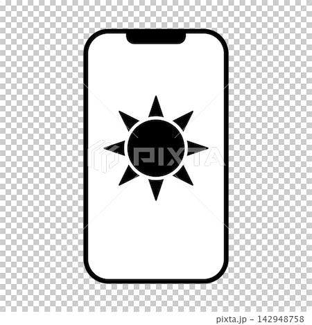 An icon illustration of a sun symbol displayed on a smartphone screen. An icon illustration of a sun symbol displayed on a smartphone screen. 142948758