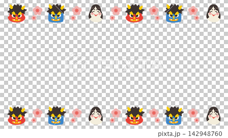 Setsubun (Bean-Throwing Festival) - Horizontal Header Vector Illustration featuring Red Oni, Blue Oni, and Otafuku (Goddess of Mercy) Setsubun (Bean-Throwing Festival) - Horizontal Header Vector Illustration featuring Red Oni, Blue Oni, and Otafuku (Goddess of Mercy) 142948760