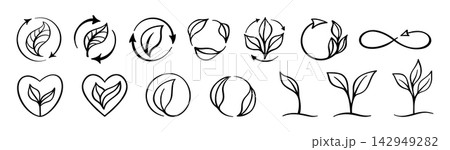 Eco leaf and recycle arrow icon set doodle nature symbols flat line style Bio environment reuse sign 142949282