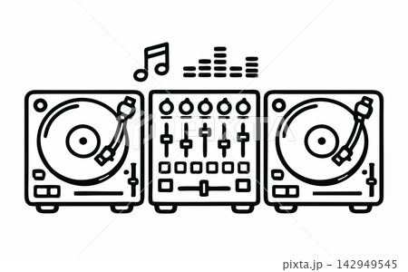 Hand-Drawn DJ Setup and Audio Mixer Icon with Dual Turntables Hand-Drawn DJ Setup and Audio Mixer Icon with Dual Turntables 142949545