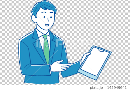 An illustration of a male office worker and his subordinate reporting on their work while showing documents in a binder. An illustration of a male office worker and his subordinate reporting on their work while showing documents in a binder. 142949641
