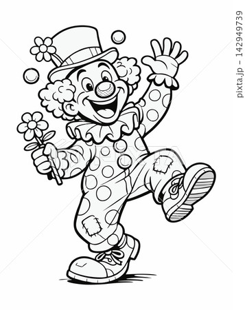 Hand-Drawn Waving Circus Clown Coloring Page with Flower Hand-Drawn Waving Circus Clown Coloring Page with Flower 142949739