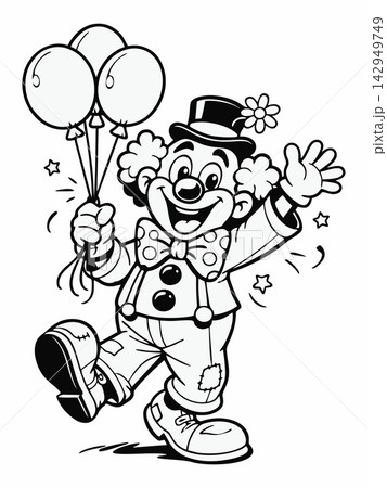 Hand-Drawn Happy Circus Clown Coloring Page with Balloons and Suspenders Hand-Drawn Happy Circus Clown Coloring Page with Balloons and Suspenders 142949749
