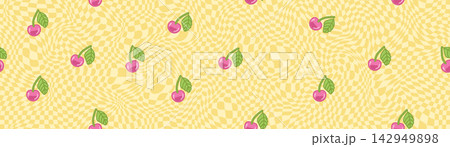 Distorted Checkerboard Background with Yellow Cherry Pattern. Horizontal Retro Seamless Texture with Groovy Wavy Grid and Kawaii Cartoon Checker Design for Y2K Aesthetic and Psychedelic Wallpaper. 142949898