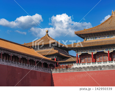 Forbidden City in Beijing, China, Traditional Imperial Palace Architecture with Red Walls and Golden Roofs Under Blue Sky 142950339