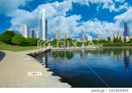Chicago Skyline Viewed from Lakefront Park on a Sunny Day with Clouds 142950405
