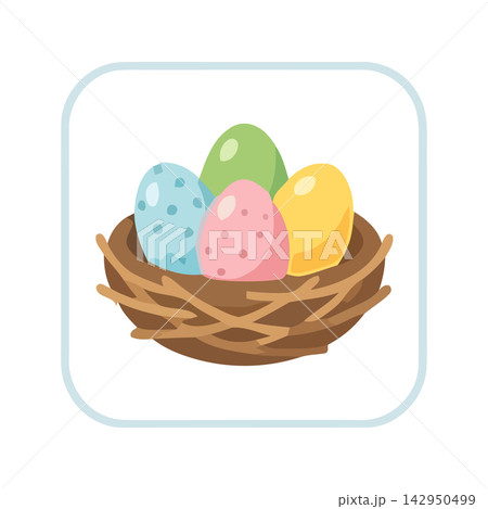 Adorable cartoon illustration of colorful eggs nestled in a woven basket for spring and easter themes. 142950499