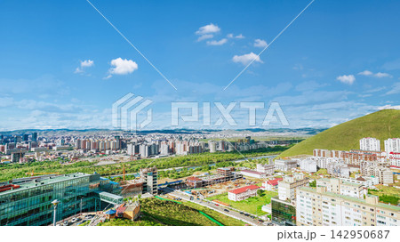 Panoramic View of Ulaanbaatar Cityscape with Green Hills and Blue Sky 142950687
