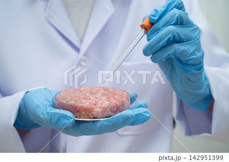 Scientist holding Petri dish with meat in science laboratory for food product development. Scientist holding Petri dish with meat in science laboratory for food product development. 142951399