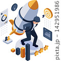 Isometric Solo Entrepreneur Carrying Business Rocket for Growth Success 142951986