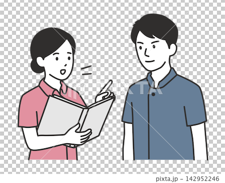 插圖描繪了男女護士審查文件和進行交接班/會議的場景。 (指導、培訓、資訊分享) 插圖描繪了男女護士審查文件和進行交接班/會議的場景。 (指導、培訓、資訊分享) 142952246