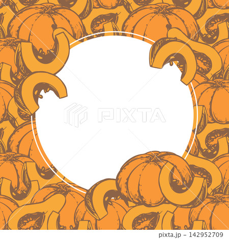 Square vector frame. Thanksgiving banner with whole pumpkin and slice. Hand drawn illustration of autumn vegetable. Vintage template with a circular space for text. Linear ink drawing engraving style. 142952709