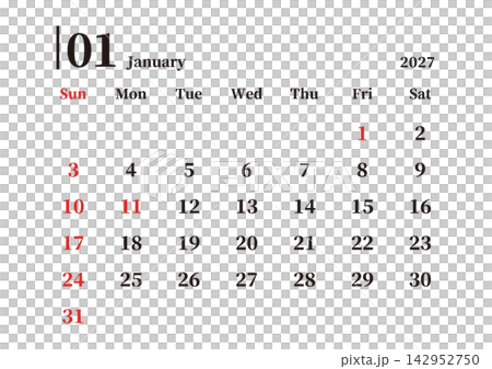 Simple Calendar, January 2027, Sunday Start, Landscape, A4 Size Simple Calendar, January 2027, Sunday Start, Landscape, A4 Size 142952750
