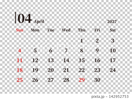 Simple Calendar, April 2027, Sunday Start, Landscape, A4 Size Simple Calendar, April 2027, Sunday Start, Landscape, A4 Size 142952753
