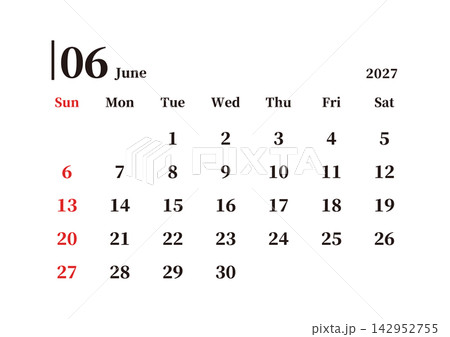 シンプルなカレンダー 2027年6月 日曜始まり ヨコ A4 シンプルなカレンダー 2027年6月 日曜始まり ヨコ A4 142952755