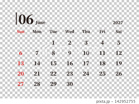 簡易日曆，2027年6月，星期日為起始日，橫向，A4尺寸 142952755
