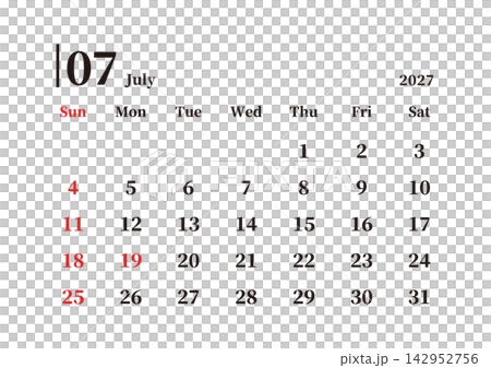 簡易日曆,2027年7月,星期日為起始日,橫向,A4尺寸 簡易日曆,2027年7月,星期日為起始日,橫向,A4尺寸 142952756