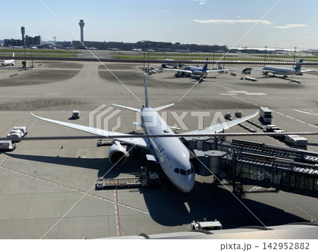 羽田空港第3ターミナルの展望デッキから臨むANA旅客機と空港風景 羽田空港第3ターミナルの展望デッキから臨むANA旅客機と空港風景 142952882