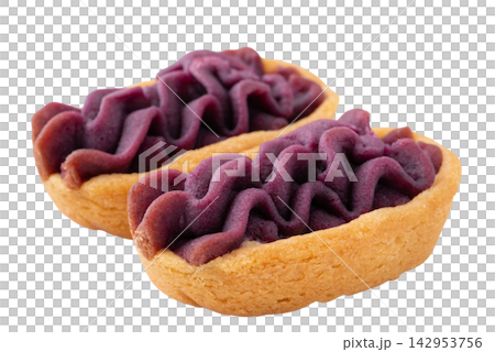 Two cutout images of purple sweet potato tarts on a transparent background. Two cutout images of purple sweet potato tarts on a transparent background. 142953756