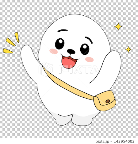 Cute white baby seal character wearing yellow crossbody bag happy excited mascot sticker print visual graphic clipart artwork design icon element illustration 142954002