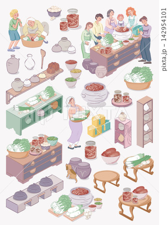 Kimjang Korean Kimchi Making Culture Vector Illustration with Diverse People for stickers and icons  142954101