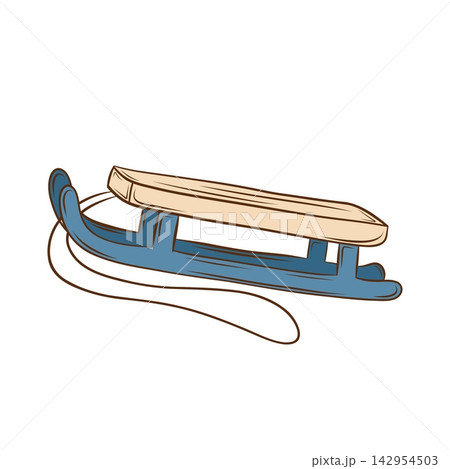 Vector illustration of a wooden sled with blue runners and rope Vector illustration of a wooden sled with blue runners and rope 142954503