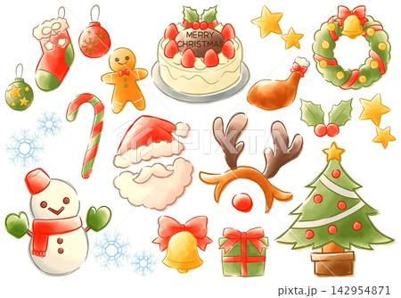 かわいいクリスマスのイラスト素材セット　手描き風版ズレ水彩 142954871
