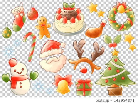 かわいいクリスマスのイラスト素材セット　手描き風版ズレ水彩 142954871