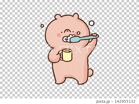 A bear holding a cup in one hand and carefully brushing its teeth with a toothbrush (oral care/cavity prevention) A bear holding a cup in one hand and carefully brushing its teeth with a toothbrush (oral care/cavity prevention) 142955132