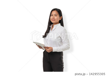 Young woman in white shirt holds a tablet, PNG Young woman in white shirt holds a tablet, PNG 142955305