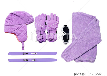 Ski outfit. Winter ski apparel laid out with ski gear and accessories, PNG 142955630