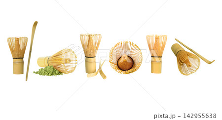 Matcha. Various bamboo whisks and tools arranged to showcase matcha preparation. PNG Matcha. Various bamboo whisks and tools arranged to showcase matcha preparation. PNG 142955638