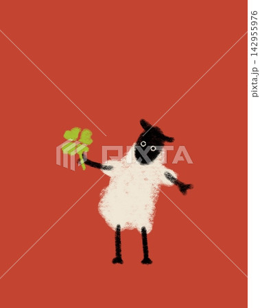 クローバーを手にしたかわいい子羊のイラスト クローバーを手にしたかわいい子羊のイラスト 142955976