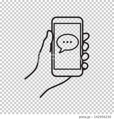 Minimalist line art icon of a hand holding a mobile phone displaying a speech bubble, representing text messaging, online chat, mobile communication, and social media. Minimalist line art icon of a hand holding a mobile phone displaying a speech bubble, representing text messaging, online chat, mobile communication, and social media. 142956230