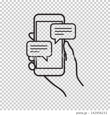 Simple line art icon showing a hand holding a smartphone with multiple chat bubbles, representing active messaging, online conversation, customer support, and instant chat. Simple line art icon showing a hand holding a smartphone with multiple chat bubbles, representing active messaging, online conversation, customer support, and instant chat. 142956231