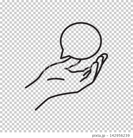 Clean line art icon of an open hand presenting a blank speech bubble, representing communication, message, idea sharing, discussion, and public opinion. Clean line art icon of an open hand presenting a blank speech bubble, representing communication, message, idea sharing, discussion, and public opinion. 142956239