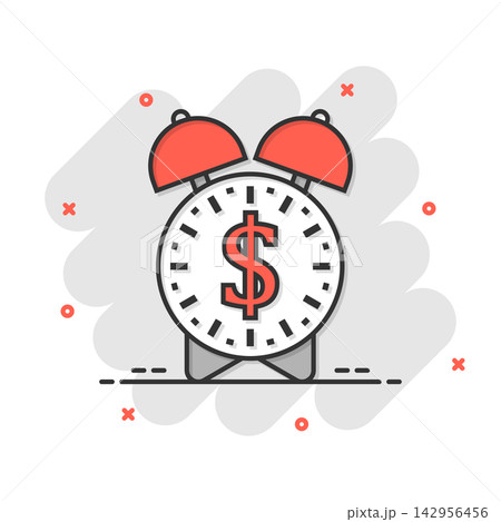 Time is money icon in comic style. Clock with dollar cartoon vector illustration on white isolated background. Currency splash effect business concept. 142956456