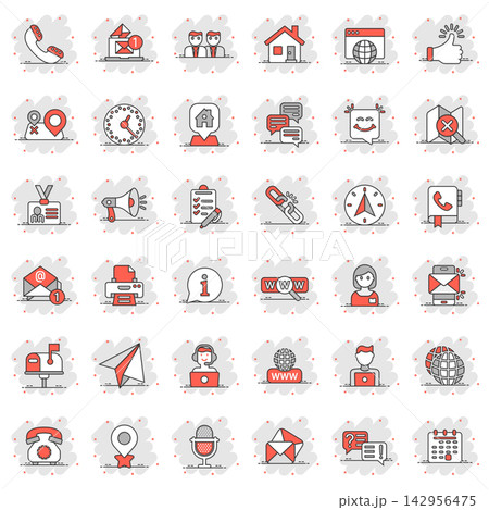 Contact us icon set in comic style. Mobile communication cartoon vector illustration on white isolated background. Phone call splash effect business concept. 142956475