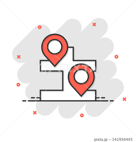 Map pin icon in comic style. GPS navigation cartoon vector illustration on white isolated background. Locate position splash effect business concept. Map pin icon in comic style. GPS navigation cartoon vector illustration on white isolated background. Locate position splash effect business concept. 142956493