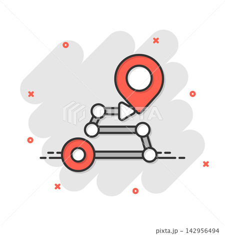 Map pin icon in comic style. GPS navigation cartoon vector illustration on white isolated background. Locate position splash effect business concept. 142956494