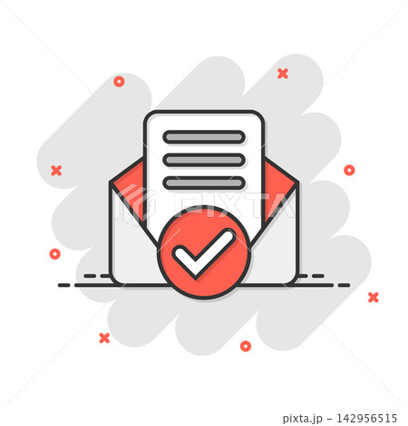 Envelope with confirmed document icon in comic style. Verify cartoon vector illustration on white isolated background. Receive splash effect business concept. Envelope with confirmed document icon in comic style. Verify cartoon vector illustration on white isolated background. Receive splash effect business concept. 142956515