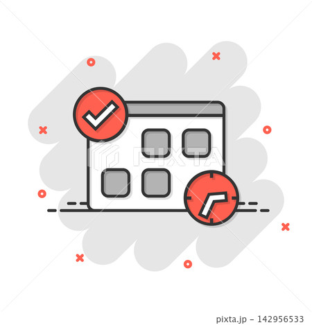 Calendar with clock icon in comic style. Agenda cartoon vector illustration on white isolated background. Schedule time planner splash effect business concept. 142956533
