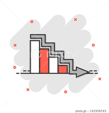 Market trend icon in comic style. Decline arrow with magnifier cartoon vector illustration on white isolated background. Decrease splash effect business concept. 142956543